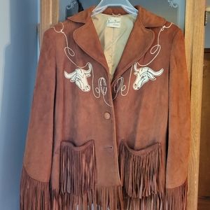 COPY - Vintage A Janet Brent Apparel cow embroidered leather Suede Fringed jack…